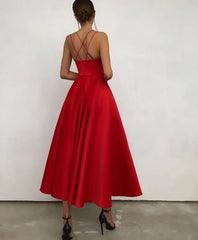Short A-line V-neck Satin Spaghetti Straps Tea-length Prom Dress