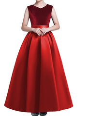 Dark Green Long A-line V-neck Satin Firl Party Dresses