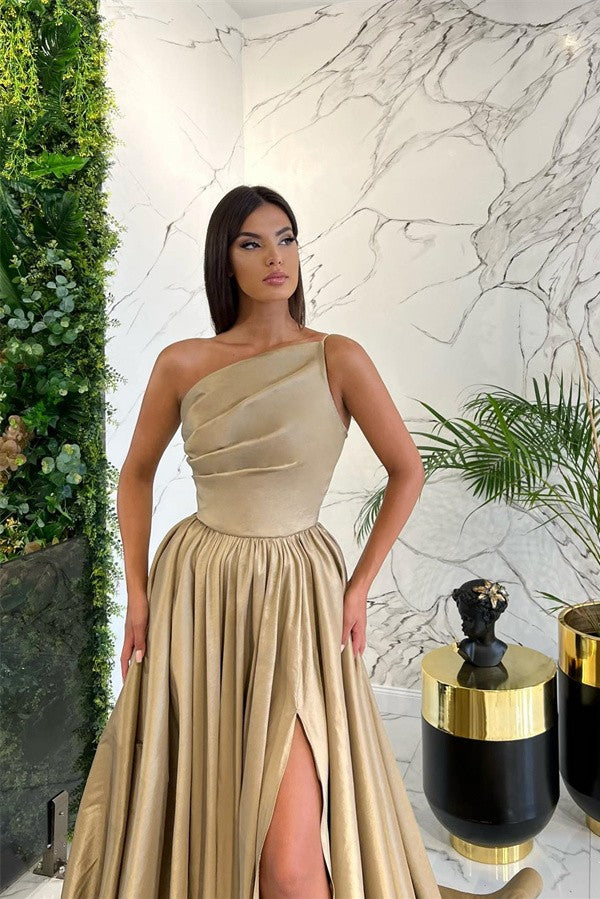 Gorgeous Long A-line One Shoulder Ruffles Satin Prom Dress with Slit