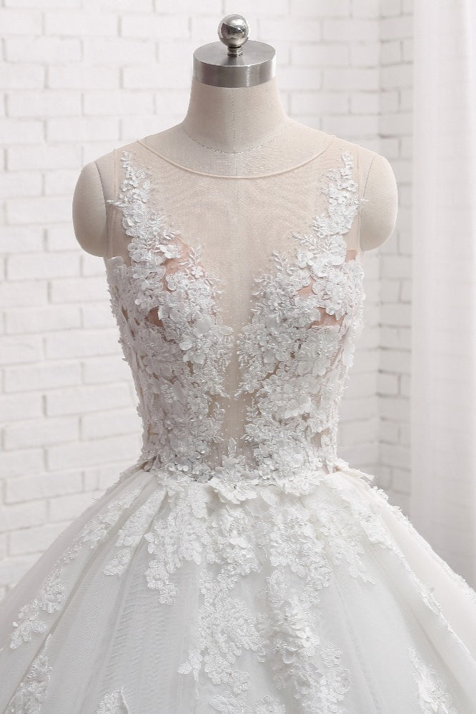 Elegant Long Ball Gown Tulle Court Train Wedding Dress with Appliques Lace