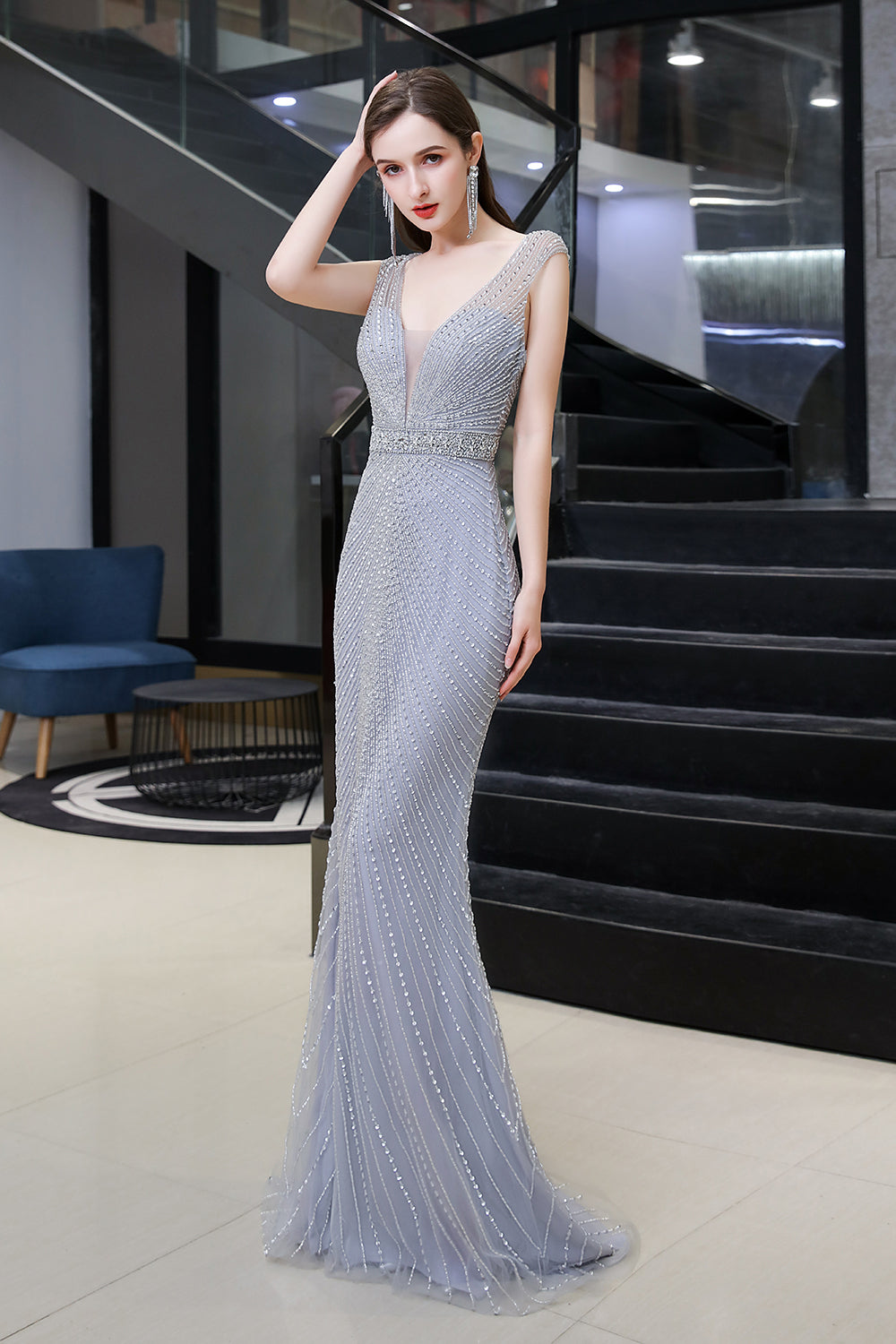 Sexy Mermaid V-neck Tulle Sleeveless Silver Long Formal Evening Dress