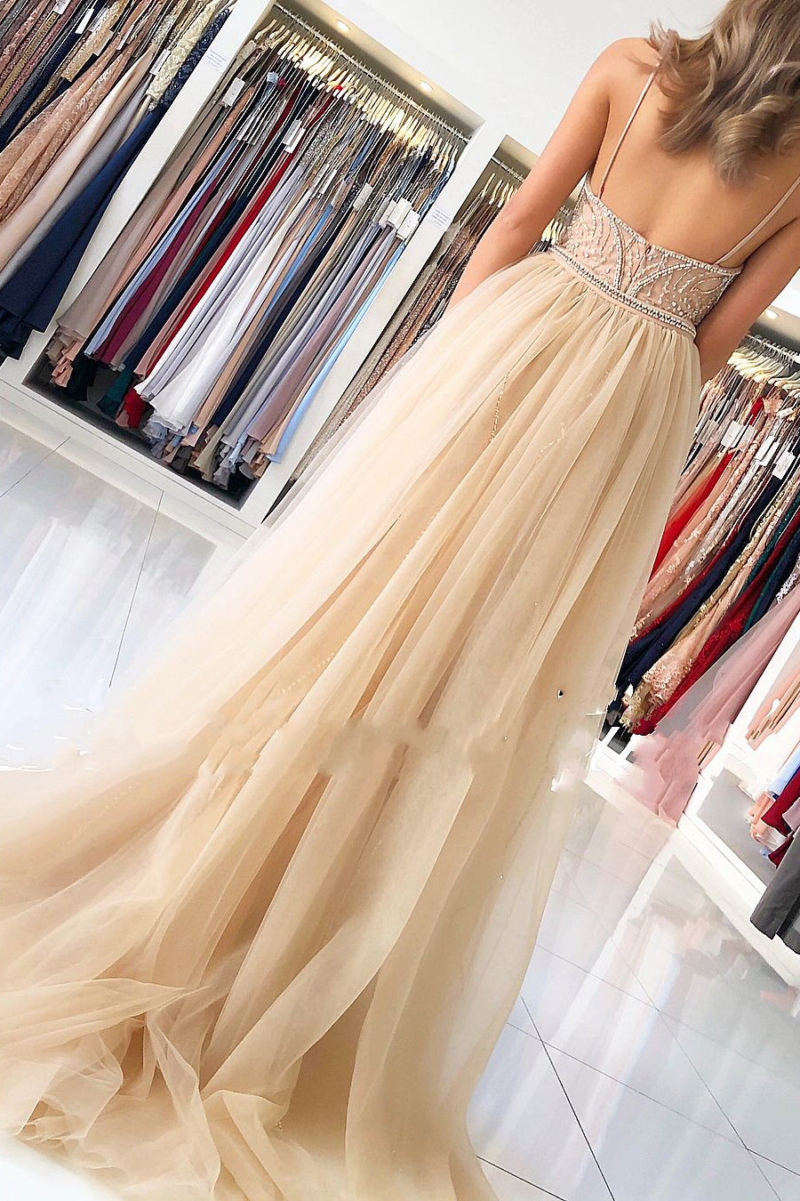 Long Spaghetti Straps Sweetheart Beading Mermaid Prom Dress With Tulle Train