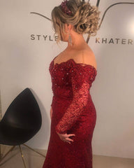 Off the Shoulder Long Sleeve Appliques Lace Floor Length Mermaid Plus Size Formal Dresses