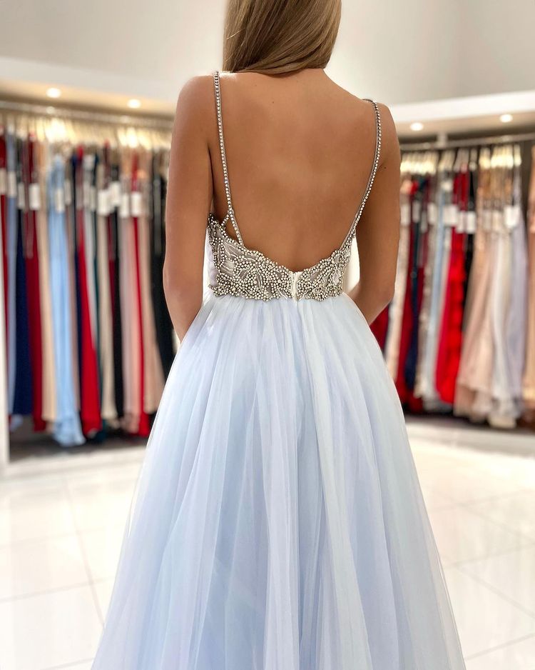 Long Spaghetti Straps V-neck Beading A-Line Tulle Ruffles Prom Dress