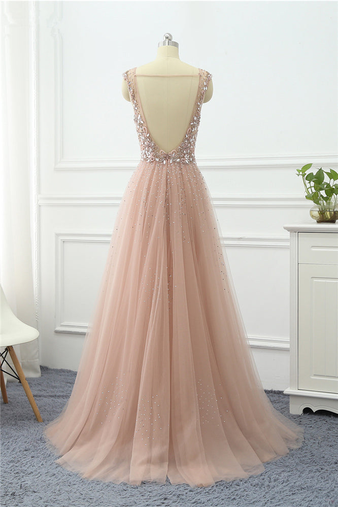 Long V-neck A-Line Tulle Ruffles Sequins Beading Prom Dress With Lace