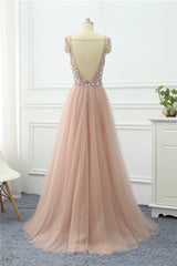 Long V-neck A-Line Tulle Ruffles Sequins Beading Prom Dress With Lace