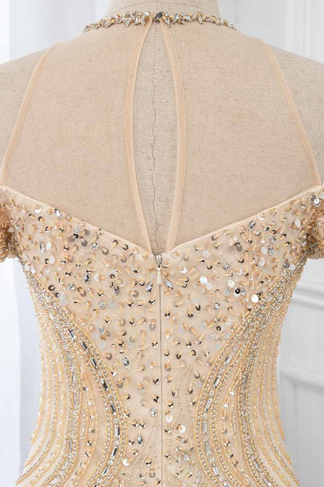Charming Long Bateau Off the Shoulder Sequins Beading Mermaid Tulle Prom Dress