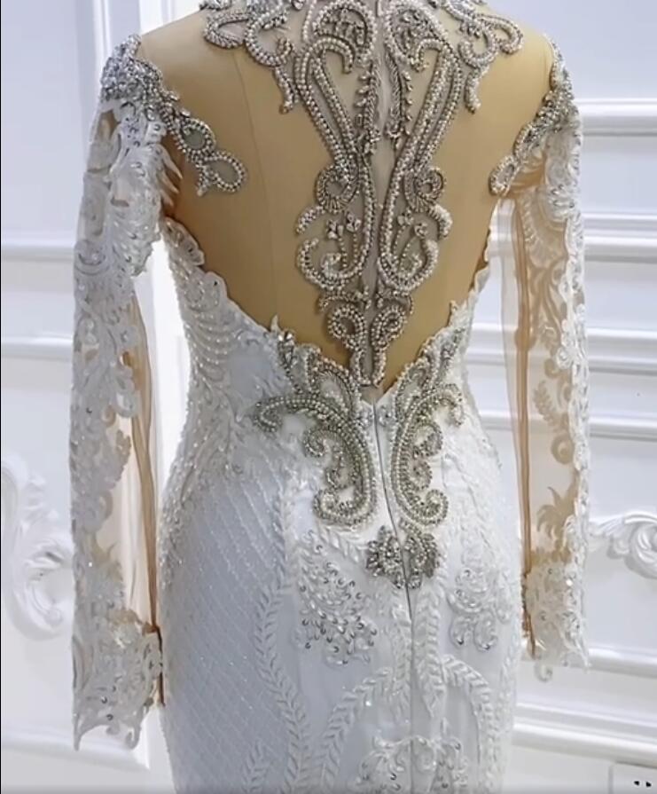Vintage Bateau Long Sleeve Appliques Lace Beading Sequins Mermaid Wedding Dress