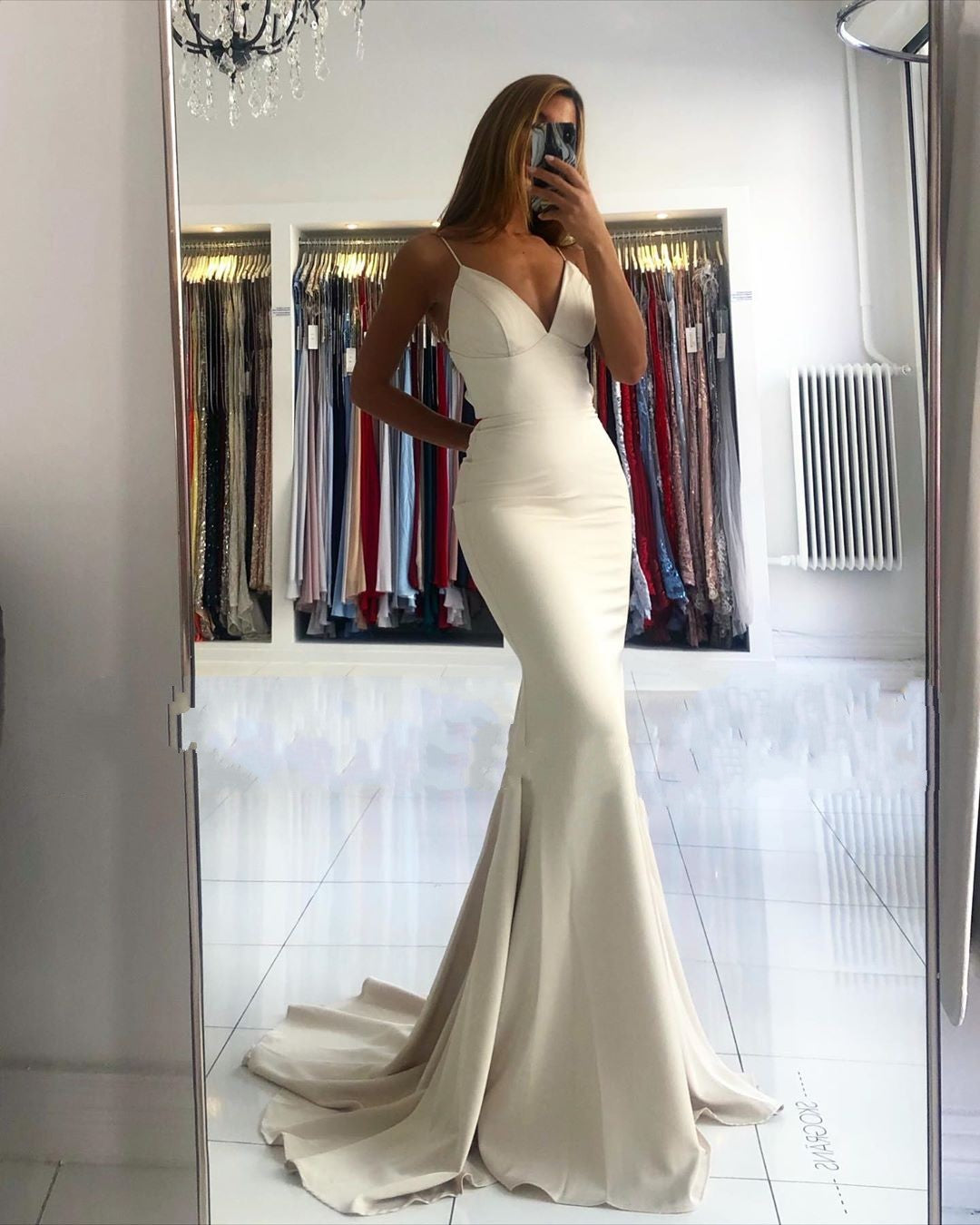 Elegant Long Mermaid V-neck Open Back Satin Prom Dress