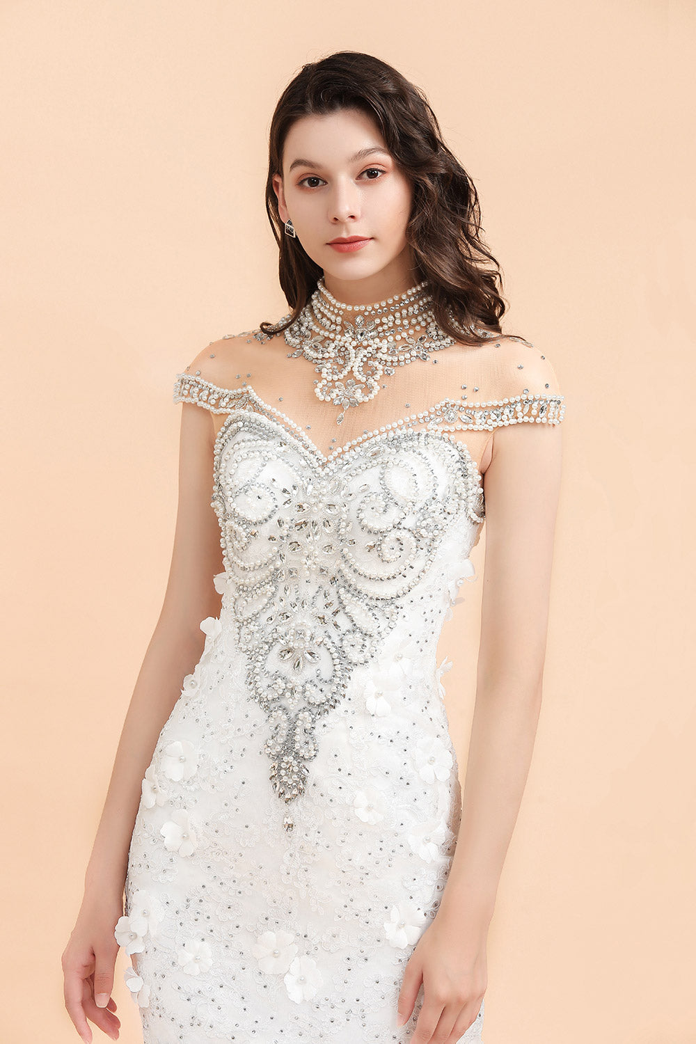 Long Appliques Beads Tulle Mermaid Wedding Dress