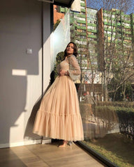 A-line Bateau Long Sleeve Sequins Tulle Tea-length Prom Dresses