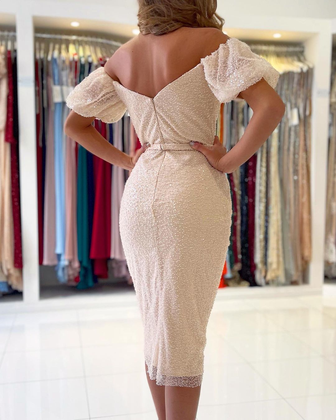 Elegant Short Mermaid Off the Shoulder Sequins Party Dress with slit