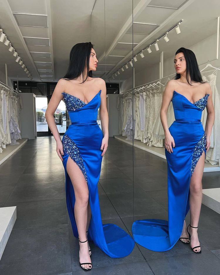 Royal Blue Long Mermaid Sweetheart Beades Prom Dresses with High Split