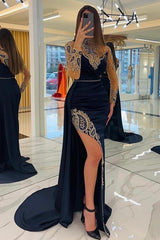 Long Sleeves Mermaid Halter Satin Beading Formal Evening Dress with Slit