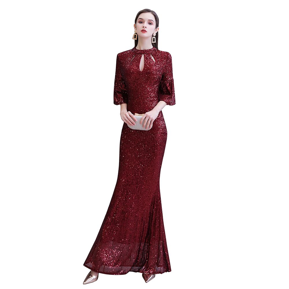 Burgundy Mermaid Sequins Long Formal Evening Dresses with Sleeves