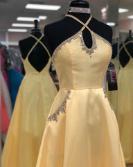 Long Halter Satin A-line Satin Backless Prom Dress