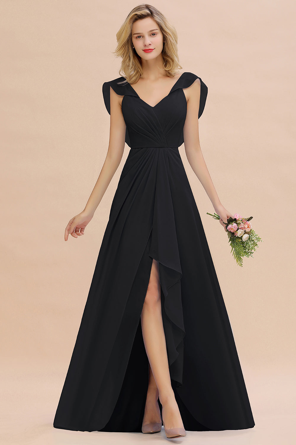 Simple High Low A-line V-Neck Ruffles Chiffon Bridesmaid Dress