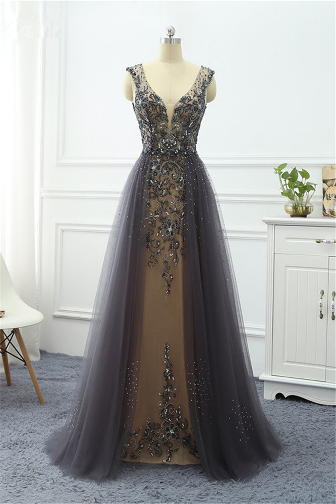 Long V-neck A-Line Tulle Ruffles Sequins Beading Prom Dress With Lace