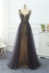 Long V-neck A-Line Tulle Ruffles Sequins Beading Prom Dress With Lace