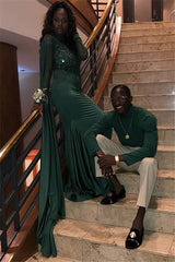 Elegant Long Jewel Satin Mermaid Prom Dress with Sleeves
