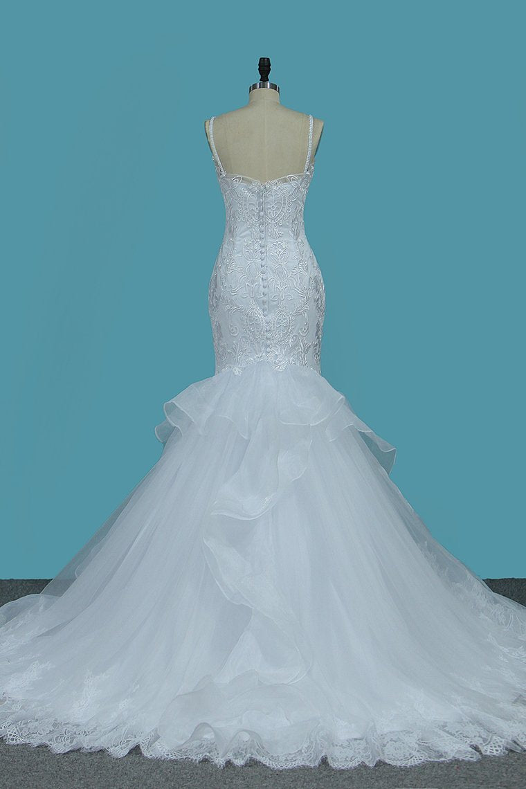 Long Spaghetti Straps Backless Floor Length Appliques Lace Tulle Mermaid Wedding Dress
