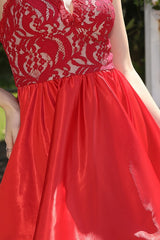 Red High Low V-neck Satin Lace Backless Party Dress