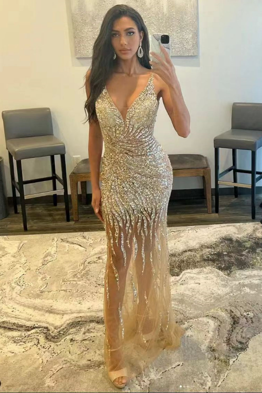 Long Mermaid Tulle Spaghetti Straps V-Ncek Backless Prom Dress