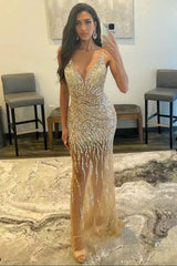 Long Mermaid Tulle Spaghetti Straps V-Ncek Backless Prom Dress