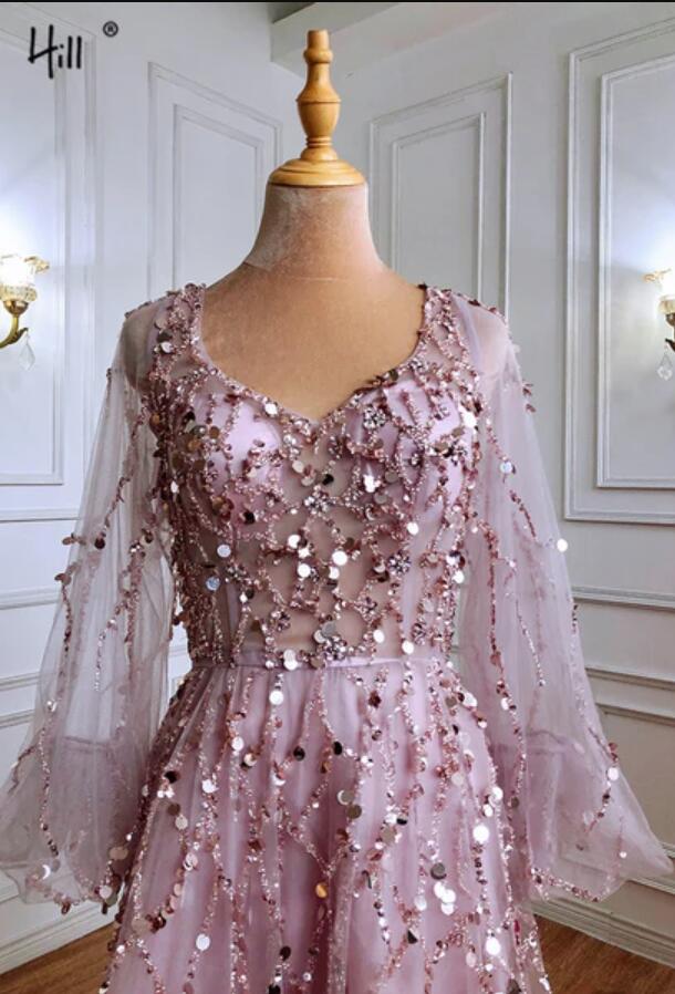 Long A-line V-neck Tulle Beading Formal Prom Dress with Sleeves
