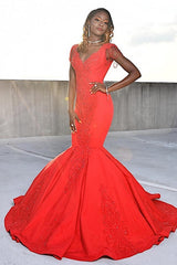 Red Long Tassel Short Sleeve Sequins Mermaid Prom Dresses