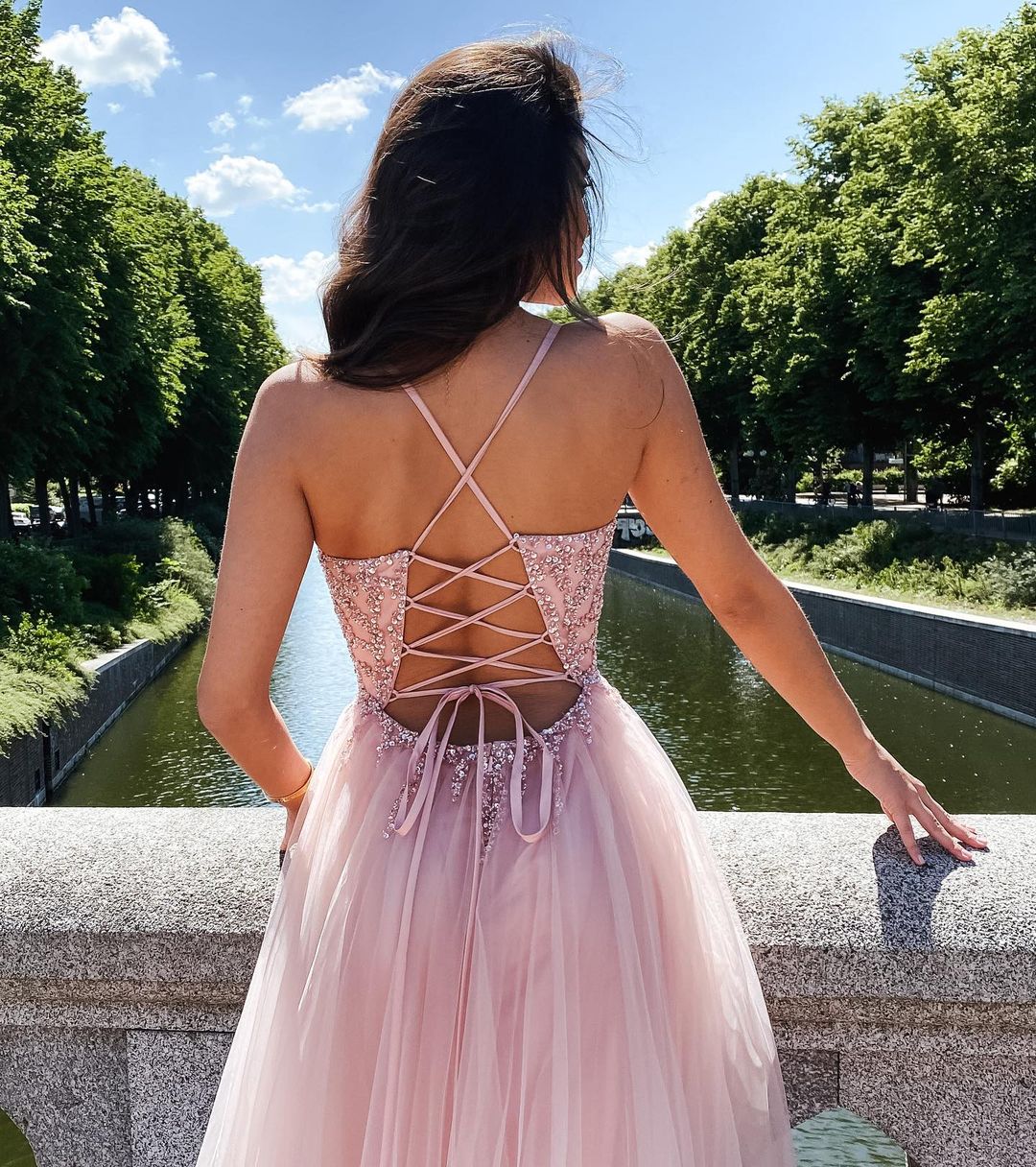 Long A-line V-neck Spaghetti Straps Beading Tulle Backless Prom Dress