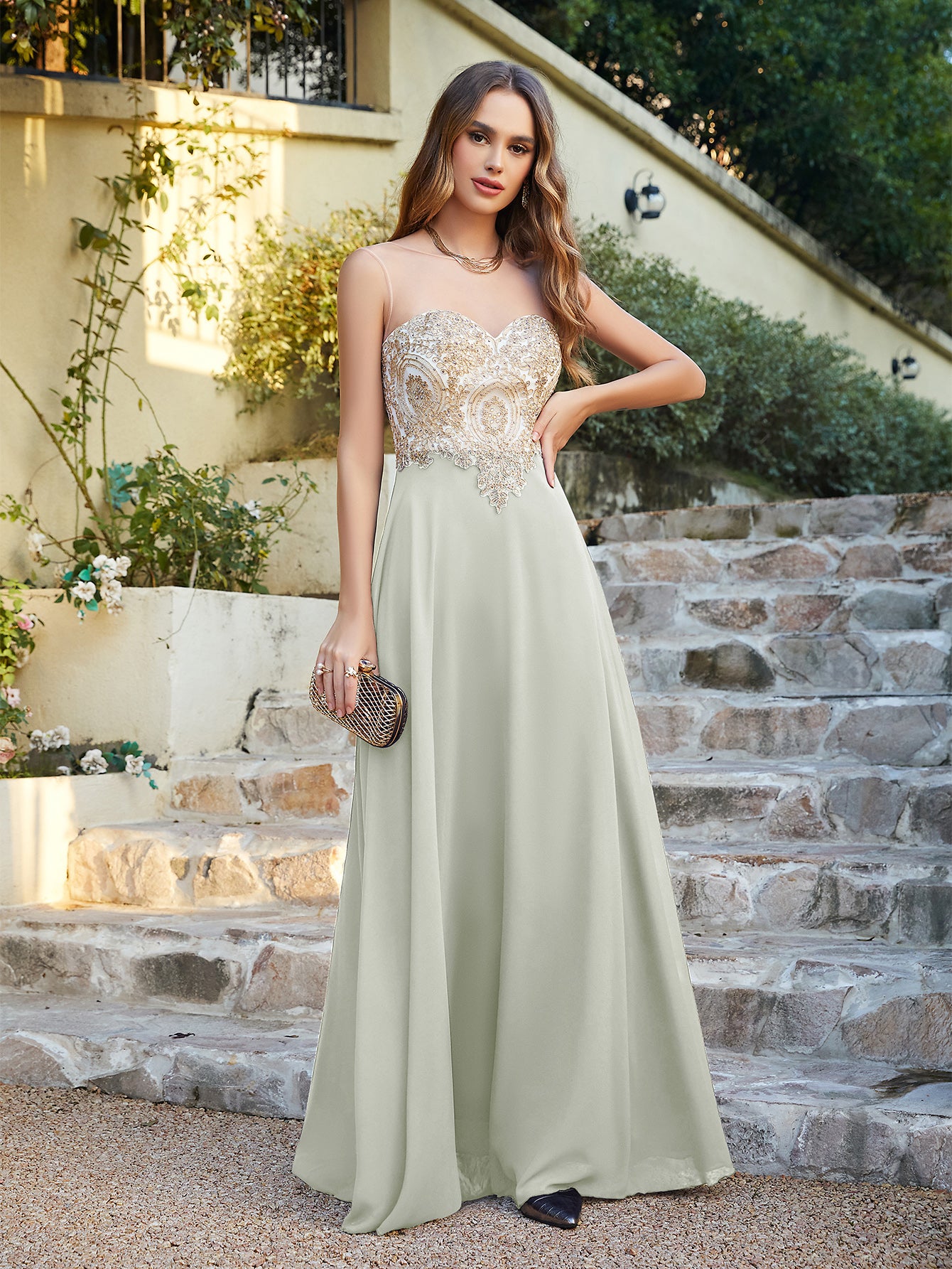 Gorgeous Long A-line Chiffon Lace Sleeveless Formal Evening Dresses