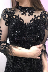 Elegant Black High Neck Long Sleeve Beading Sequins Floor Length Mermaid Prom Dress