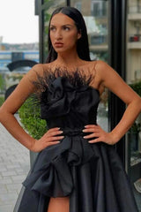Vintage Black Long A-line Strapless Ruffles Formal Prom Dresses with Slit