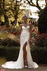 Charming Long Mermaid Sweetheart Satin Front Slit Wedding Dresses with Detachable Train
