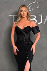 Elegant Black Long Mermaid Sweetheart Sequined Formal Prom Dresses with Slit