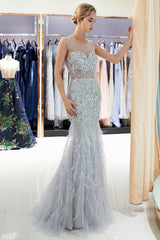 Long Sleeveless Mermaid Sequined Tulle Evening Dresses