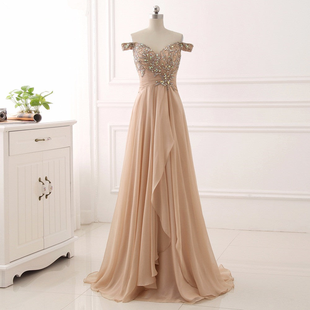 Long A-Line Off the Shoulder Beading Ruffles Chiffon Prom Dress