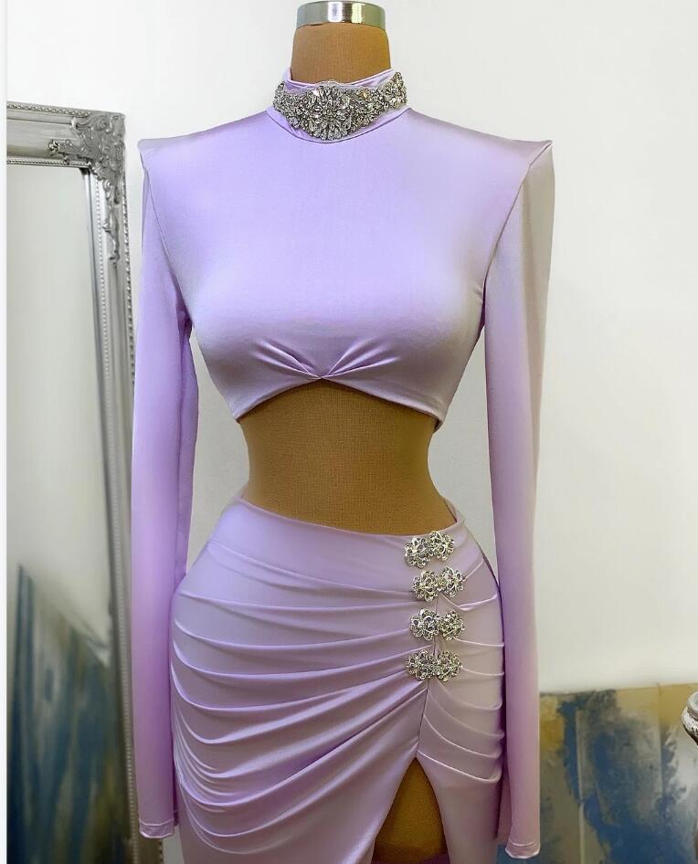 Two Piece High Neck Long Sleeve Floor Length Split Mermaid Prom Dress
