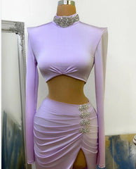 Two Piece High Neck Long Sleeve Floor Length Split Mermaid Prom Dress