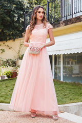 Long A-line Chiffon Crew Neck Floor Length Bridesmaid Dress