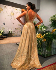 Long A-Line V-neck Backless Spaghetti Straps Glitter Prom Dress