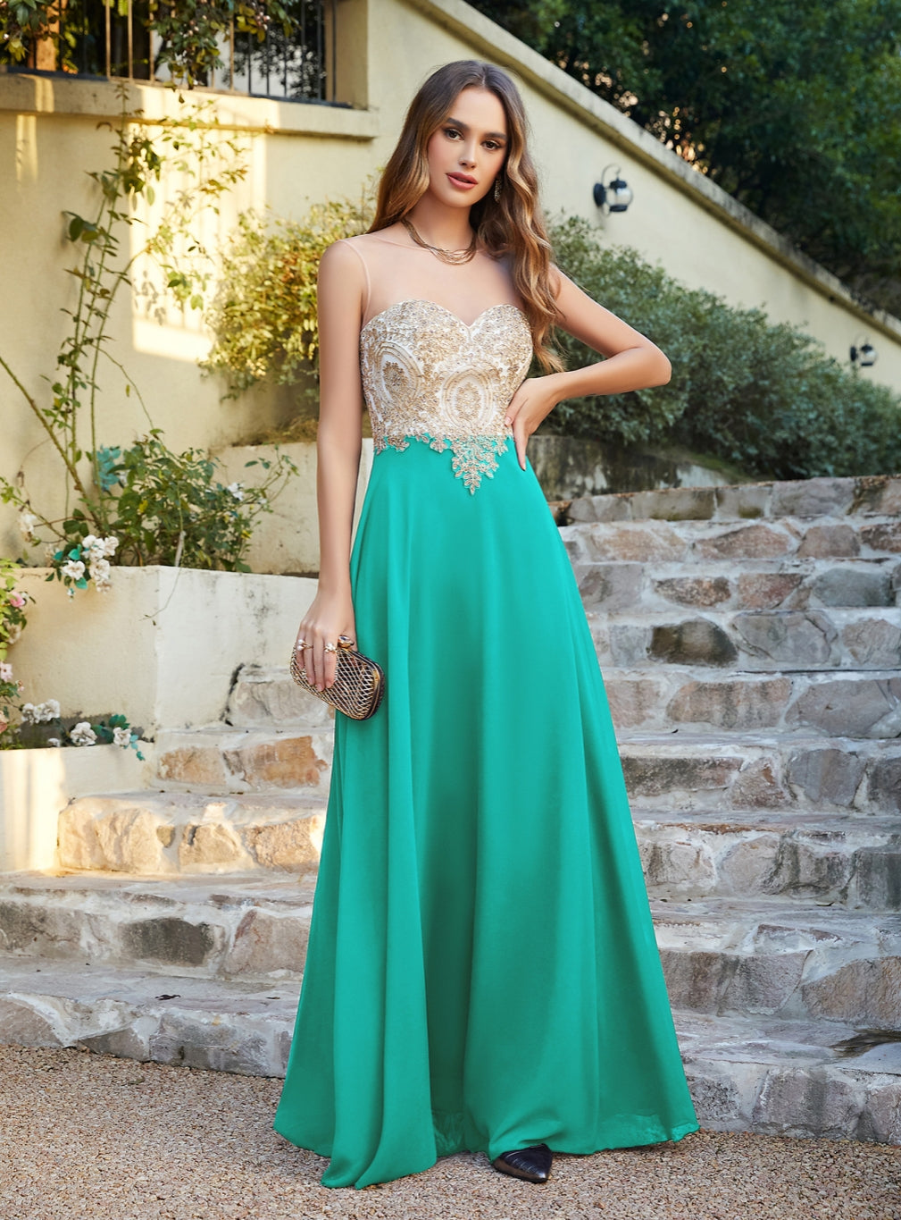 Gorgeous Long A-line Chiffon Lace Sleeveless Formal Evening Dresses