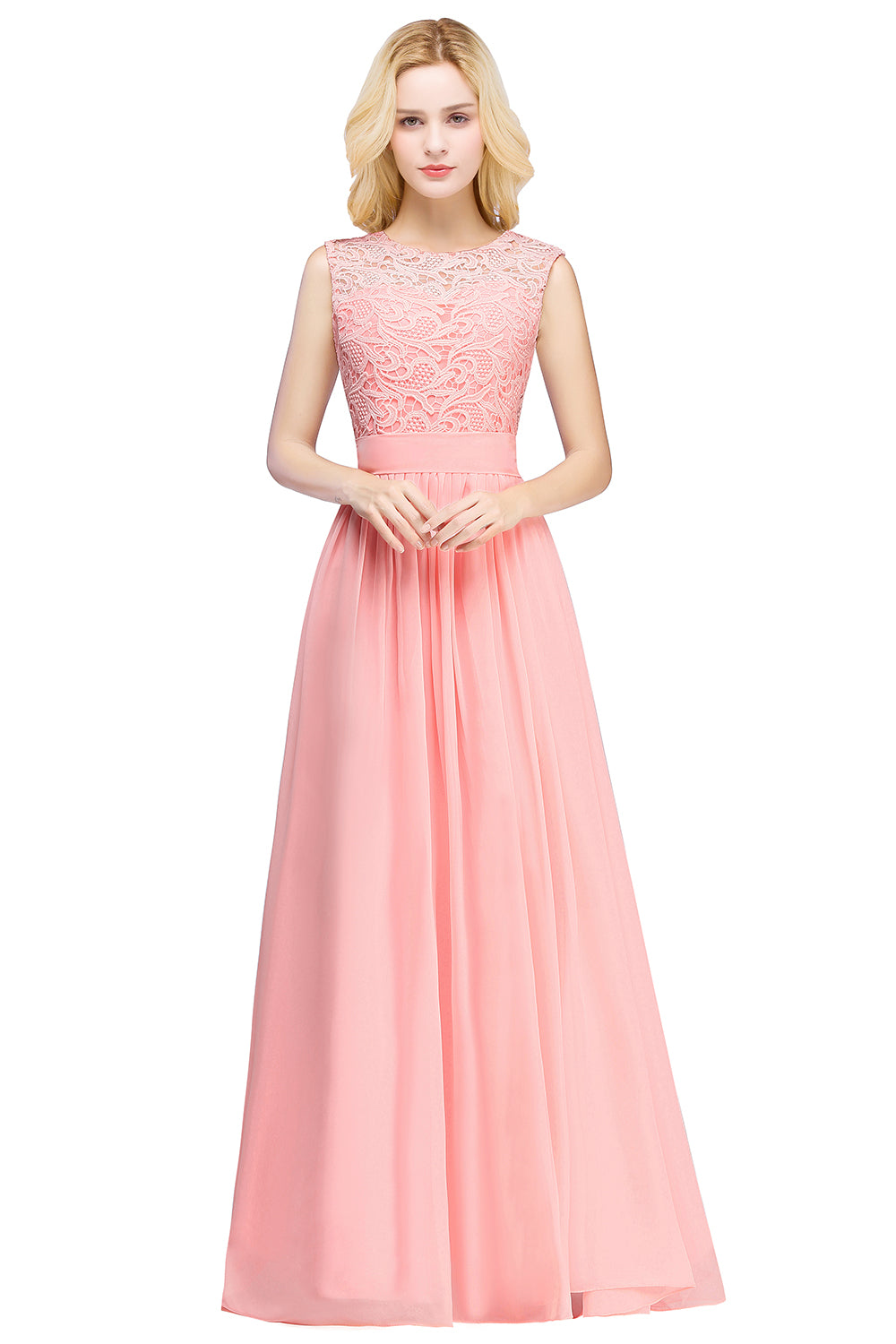 Long A-line Sleeveless Floor Length Lace Chiffon Bridesmaid Dresses