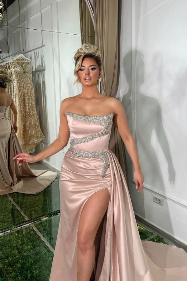 Chic Long Strapless Mermaid Floor Length Satin Prom Dress with Split Front