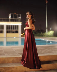 Long A-line V-neck Spaghetti Straps Backless Floor Length Ruffles Prom Dress With Split