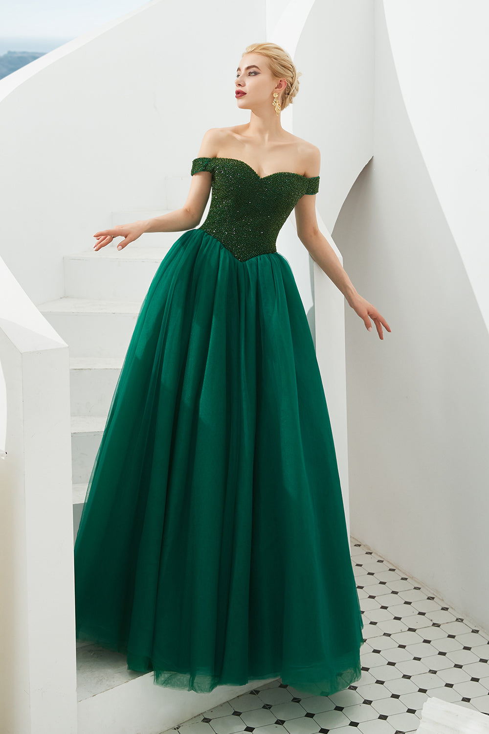 Long A-line Off the Shoulder Tulle Sequin Formal Dresses