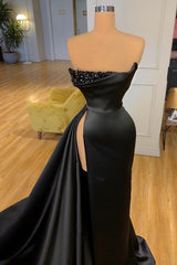 Elegant Long Mermaid Strapless Black Formal Prom Dresses with Slit