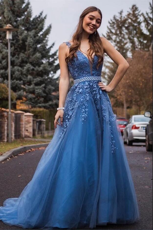 Long A-line V-neck Appliques Lace Tulle Ruffles Floor Length Prom Dress