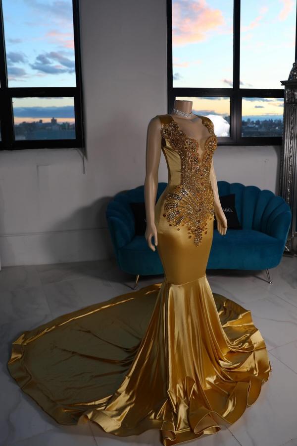Sexy Gold V-neck Satin Long Mermaid Prom Dress with Beads